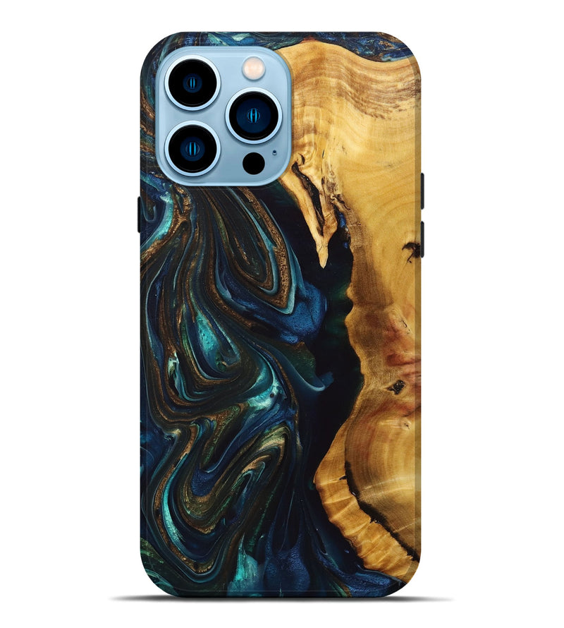 iPhone 14 Pro Max Wood+Resin Live Edge Phone Case - Kaelyn (Teal & Gold, 694973)