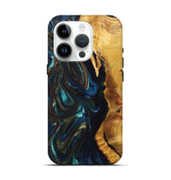 iPhone 15 Pro Wood+Resin Live Edge Phone Case - Kaelyn (Teal & Gold, 694973)