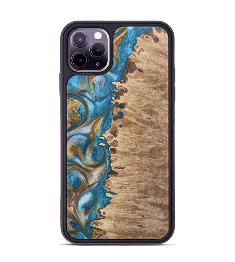 iPhone 11 Pro Max Wood+Resin Phone Case - Emmanuel (Teal & Gold, 695185)