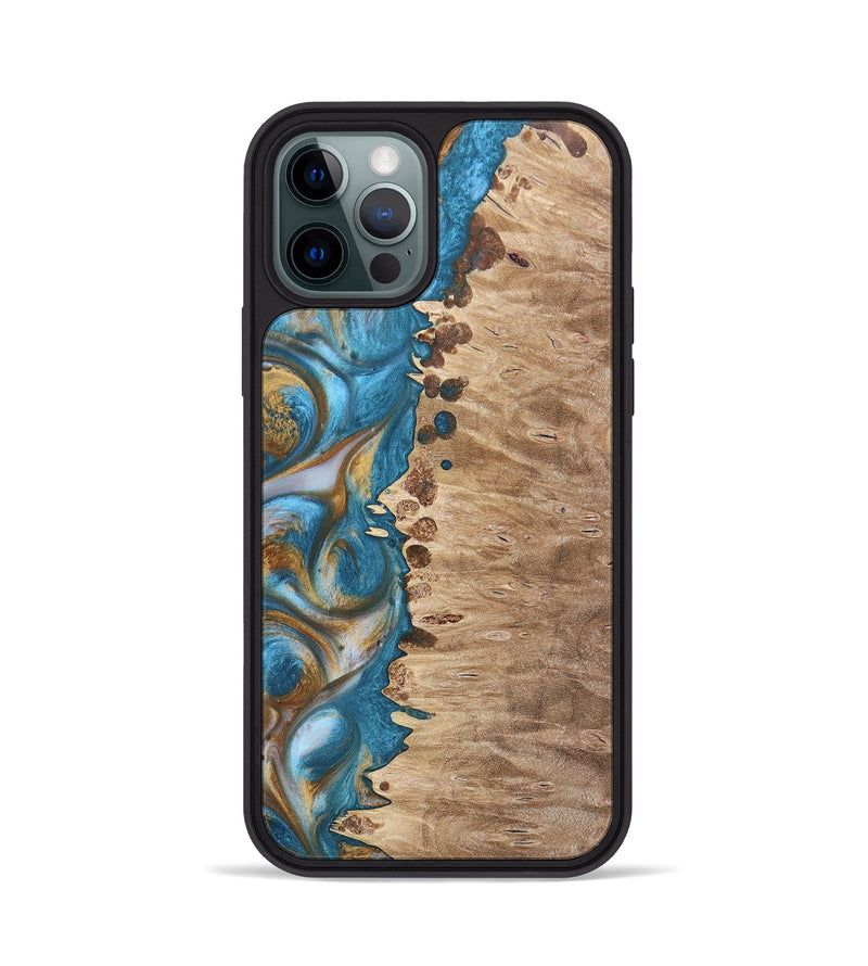 iPhone 12 Pro Wood+Resin Phone Case - Emmanuel (Teal & Gold, 695185)