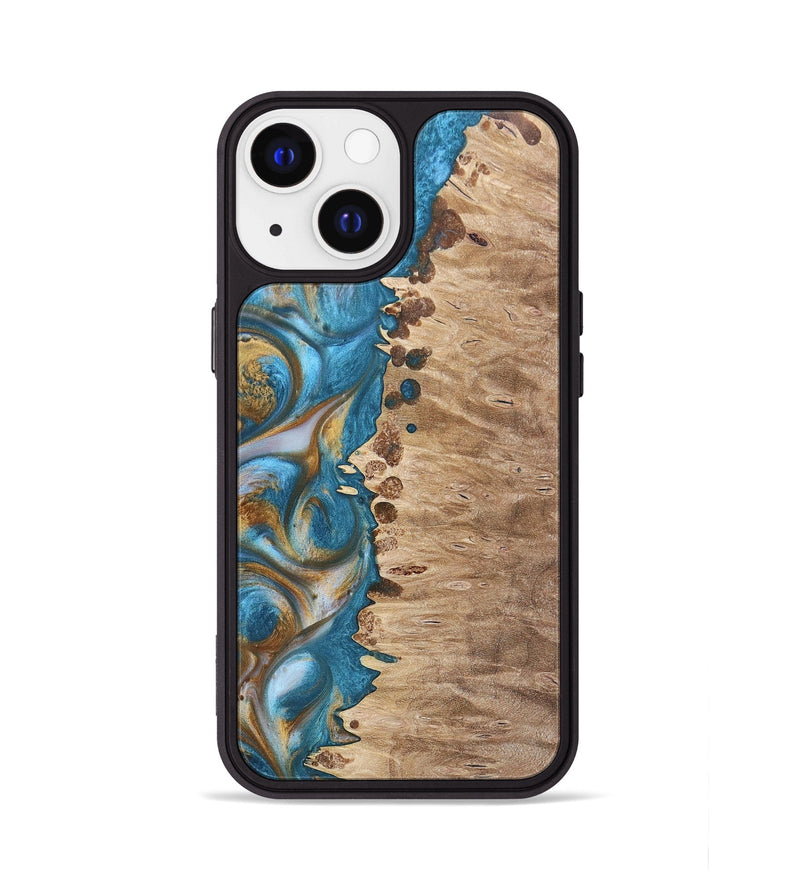 iPhone 13 Wood+Resin Phone Case - Emmanuel (Teal & Gold, 695185)