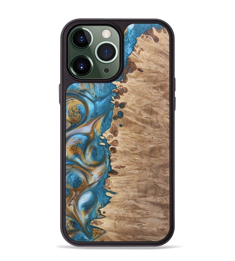 iPhone 13 Pro Max Wood+Resin Phone Case - Emmanuel (Teal & Gold, 695185)