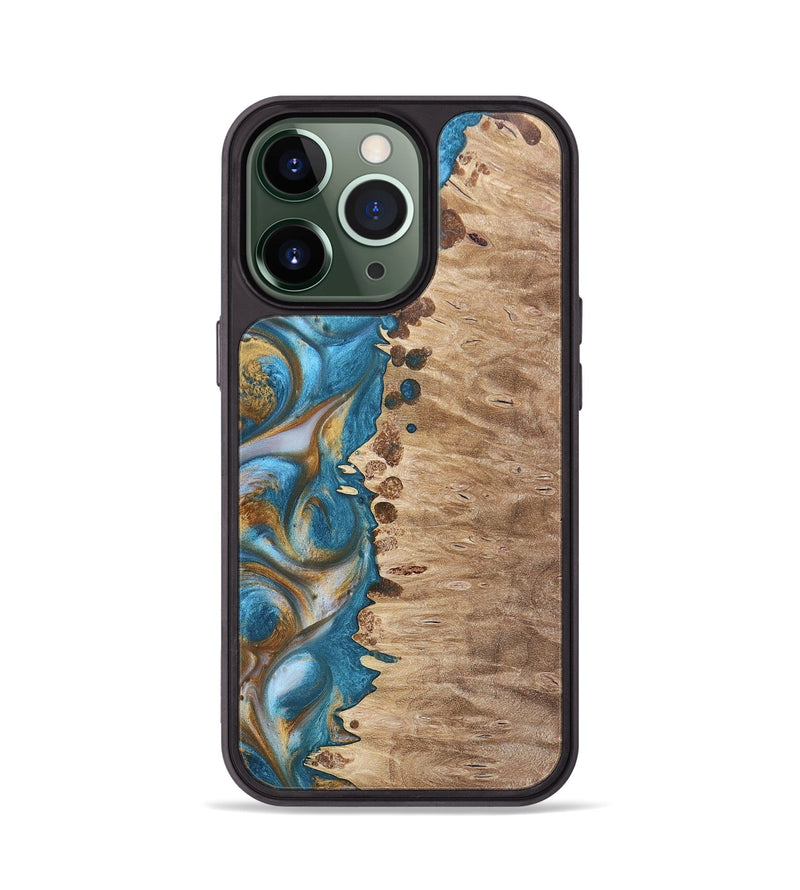 iPhone 13 Pro Wood+Resin Phone Case - Emmanuel (Teal & Gold, 695185)
