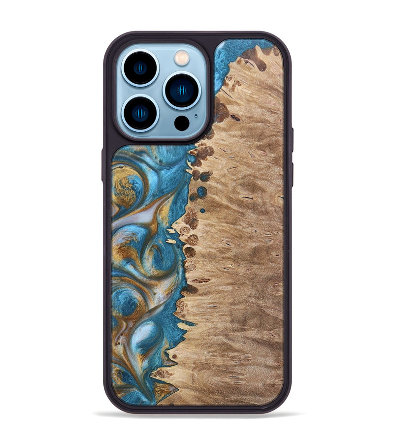 iPhone 14 Pro Max Wood+Resin Phone Case - Emmanuel (Teal & Gold, 695185)