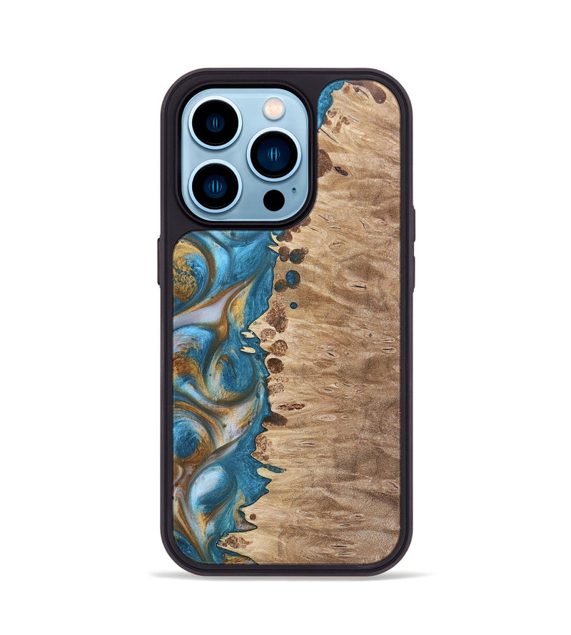 iPhone 14 Pro Wood+Resin Phone Case - Emmanuel (Teal & Gold, 695185)