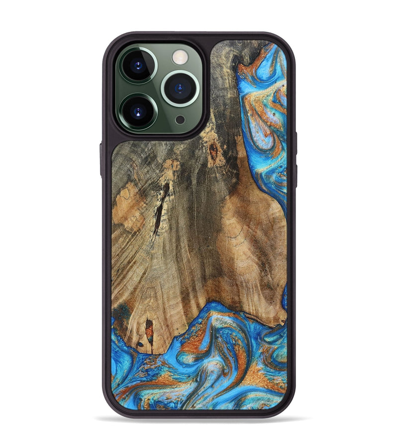 iPhone 13 Pro Max Wood+Resin Phone Case - Abram (Teal & Gold, 695188)