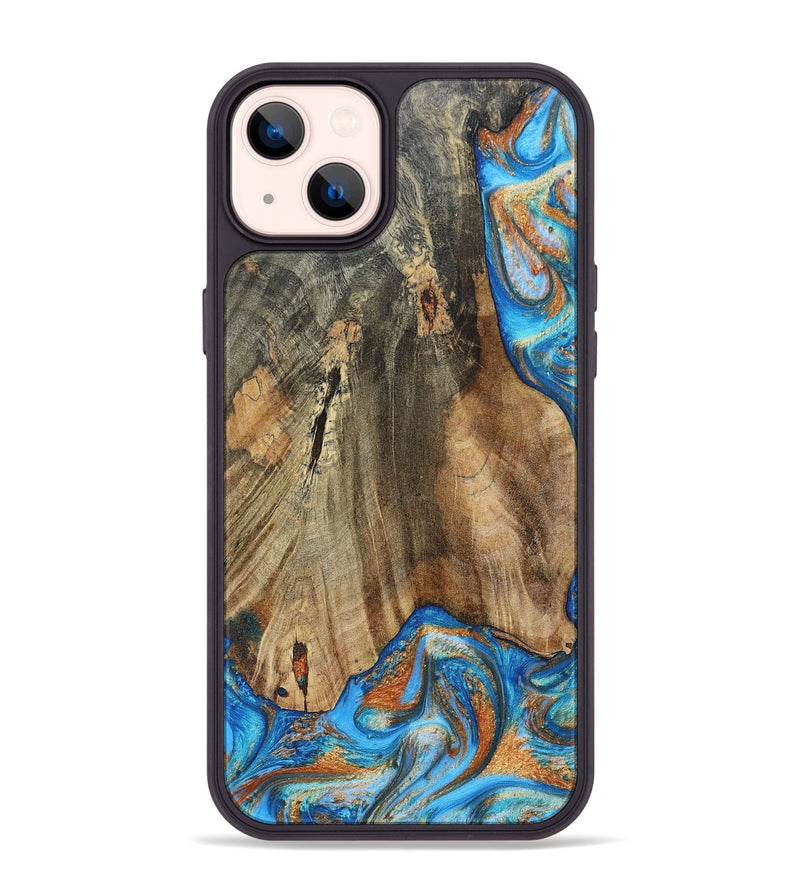 iPhone 14 Plus Wood+Resin Phone Case - Abram (Teal & Gold, 695188)