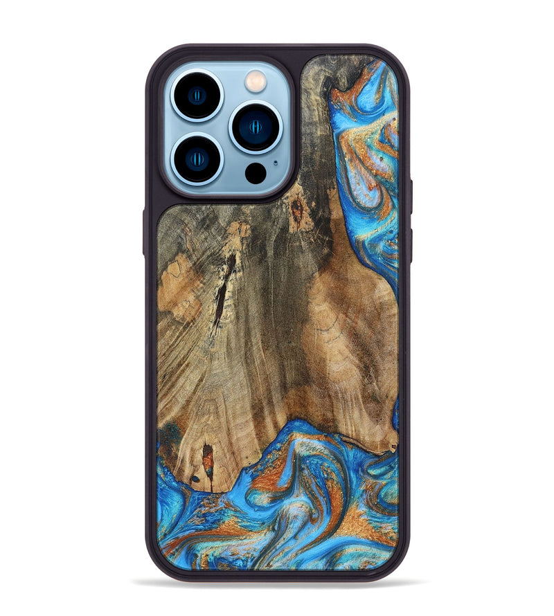 iPhone 14 Pro Max Wood+Resin Phone Case - Abram (Teal & Gold, 695188)