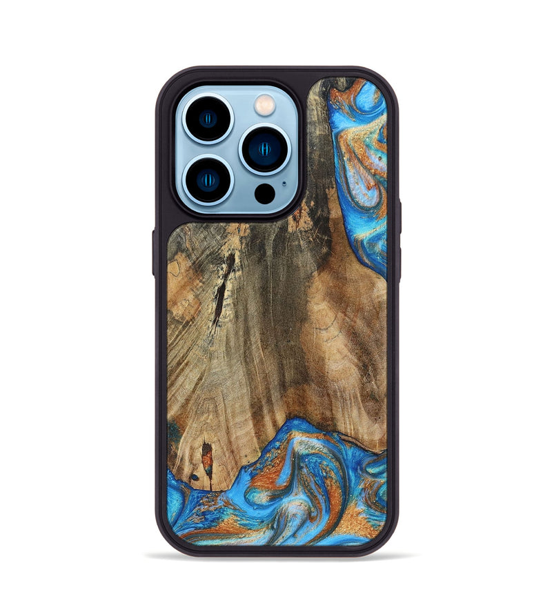 iPhone 14 Pro Wood+Resin Phone Case - Abram (Teal & Gold, 695188)
