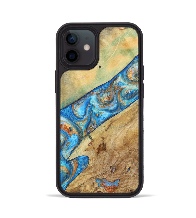 iPhone 12 Wood+Resin Phone Case - Lucas (Teal & Gold, 695194)