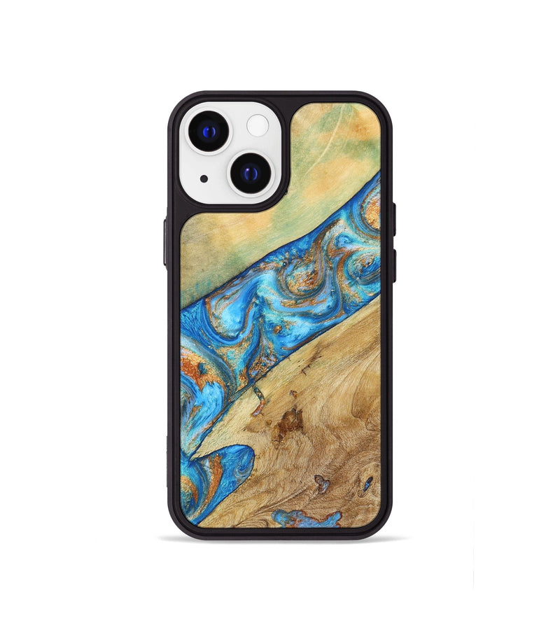 iPhone 13 mini Wood+Resin Phone Case - Lucas (Teal & Gold, 695194)