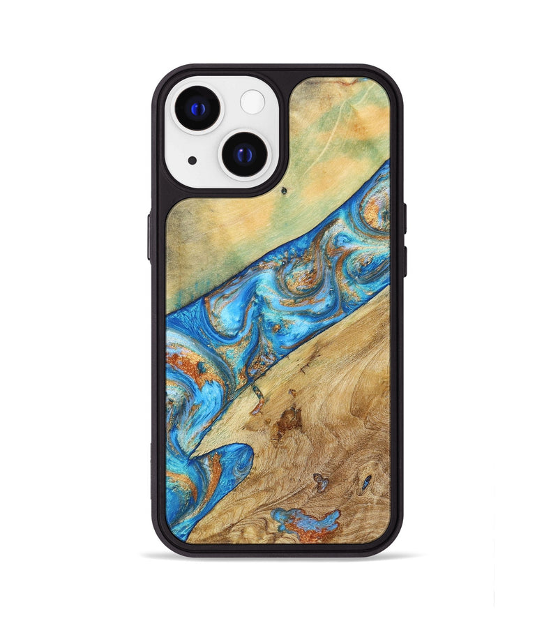 iPhone 13 Wood+Resin Phone Case - Lucas (Teal & Gold, 695194)