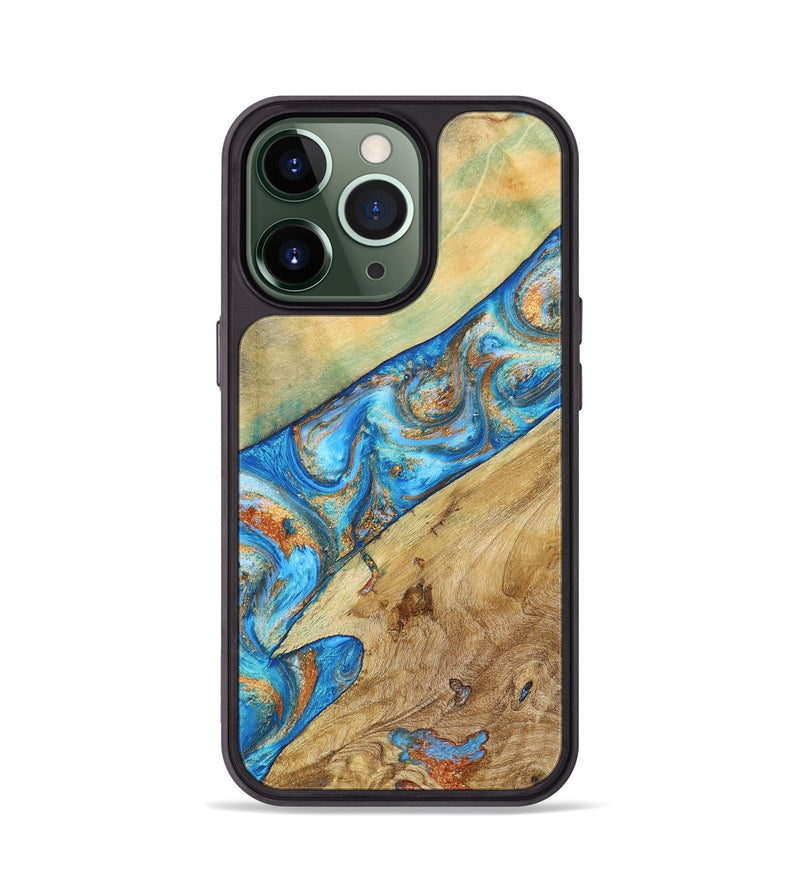 iPhone 13 Pro Wood+Resin Phone Case - Lucas (Teal & Gold, 695194)