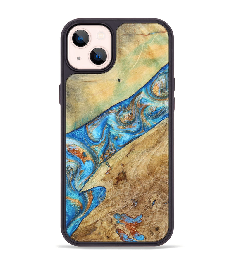 iPhone 14 Plus Wood+Resin Phone Case - Lucas (Teal & Gold, 695194)