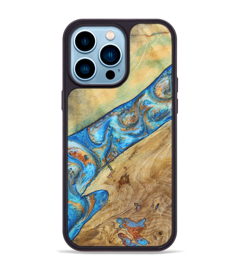 iPhone 14 Pro Max Wood+Resin Phone Case - Lucas (Teal & Gold, 695194)