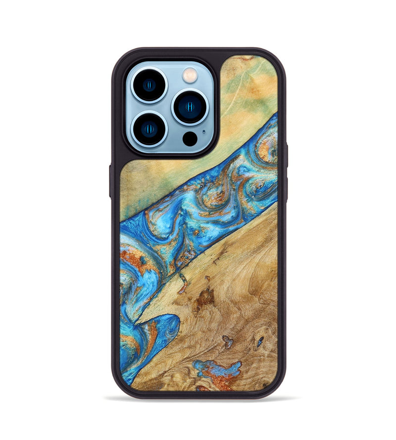 iPhone 14 Pro Wood+Resin Phone Case - Lucas (Teal & Gold, 695194)
