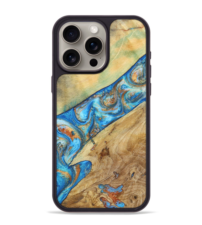 iPhone 15 Pro Max Wood+Resin Phone Case - Lucas (Teal & Gold, 695194)