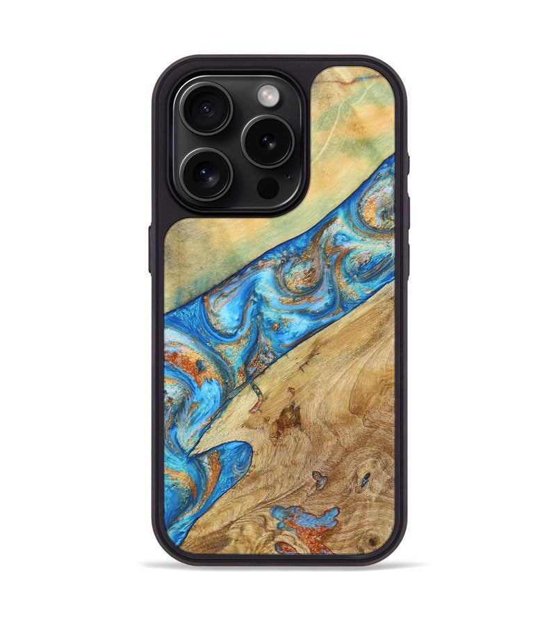 iPhone 15 Pro Wood+Resin Phone Case - Lucas (Teal & Gold, 695194)