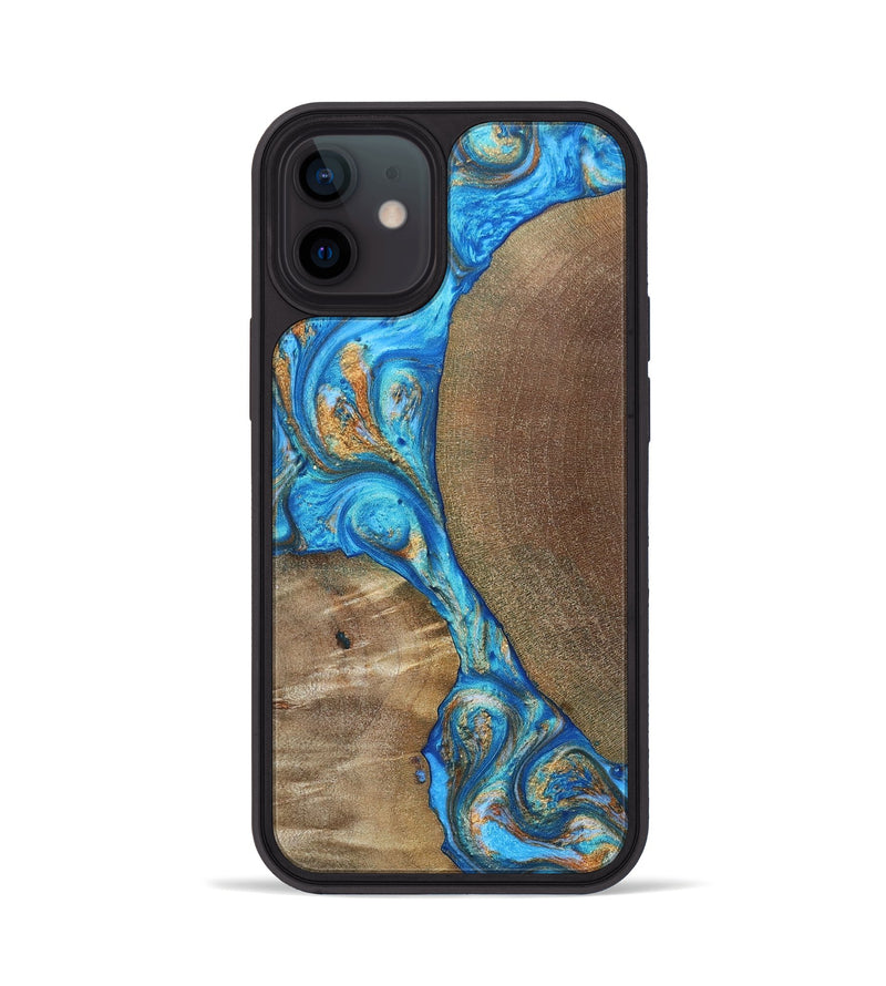 iPhone 12 Wood+Resin Phone Case - Benny (Teal & Gold, 695198)