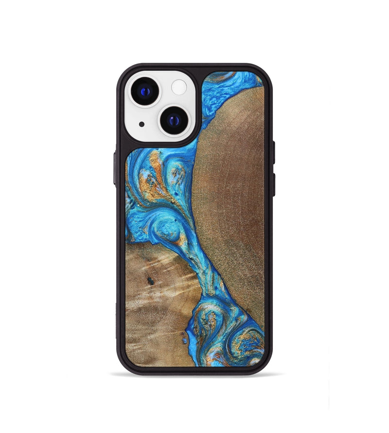iPhone 13 mini Wood+Resin Phone Case - Benny (Teal & Gold, 695198)