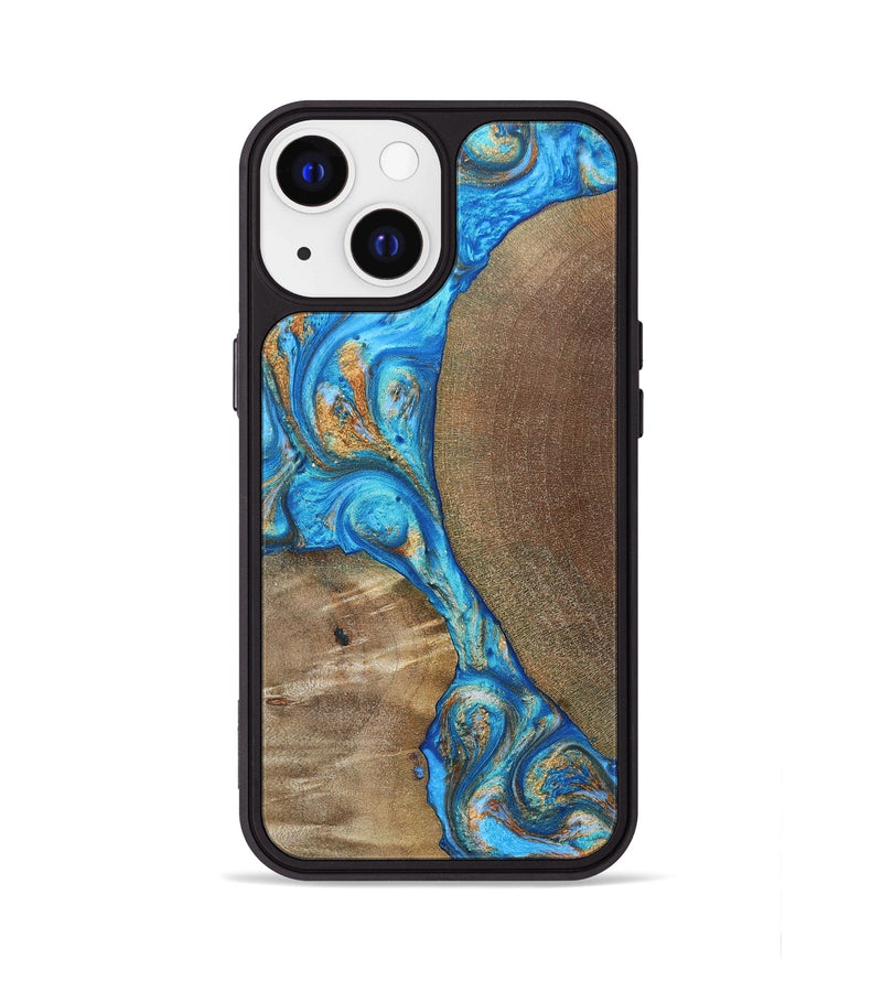 iPhone 13 Wood+Resin Phone Case - Benny (Teal & Gold, 695198)