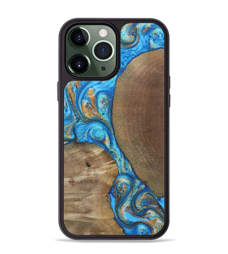 iPhone 13 Pro Max Wood+Resin Phone Case - Benny (Teal & Gold, 695198)