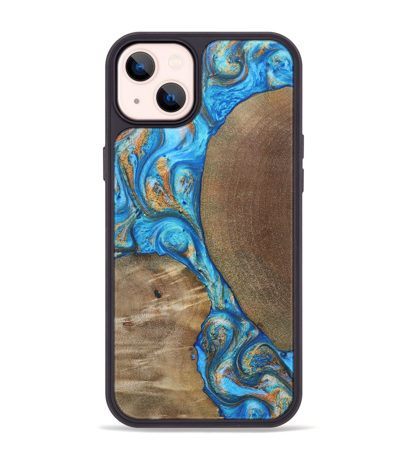 iPhone 14 Plus Wood+Resin Phone Case - Benny (Teal & Gold, 695198)