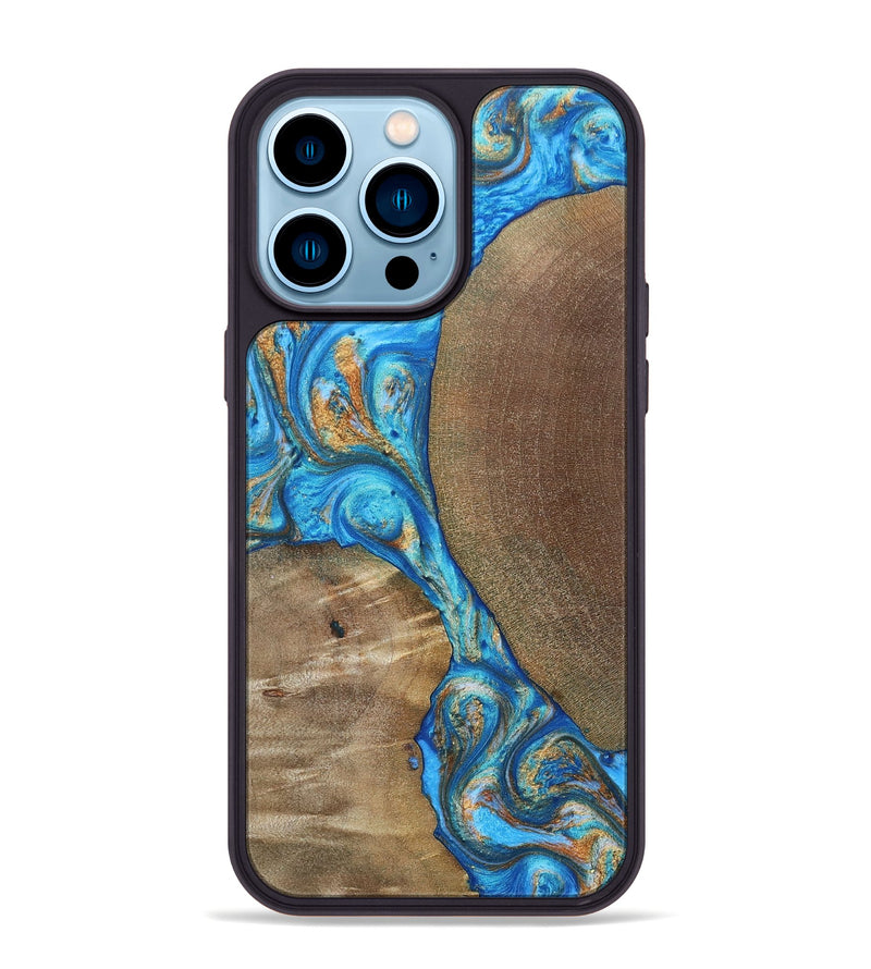 iPhone 14 Pro Max Wood+Resin Phone Case - Benny (Teal & Gold, 695198)