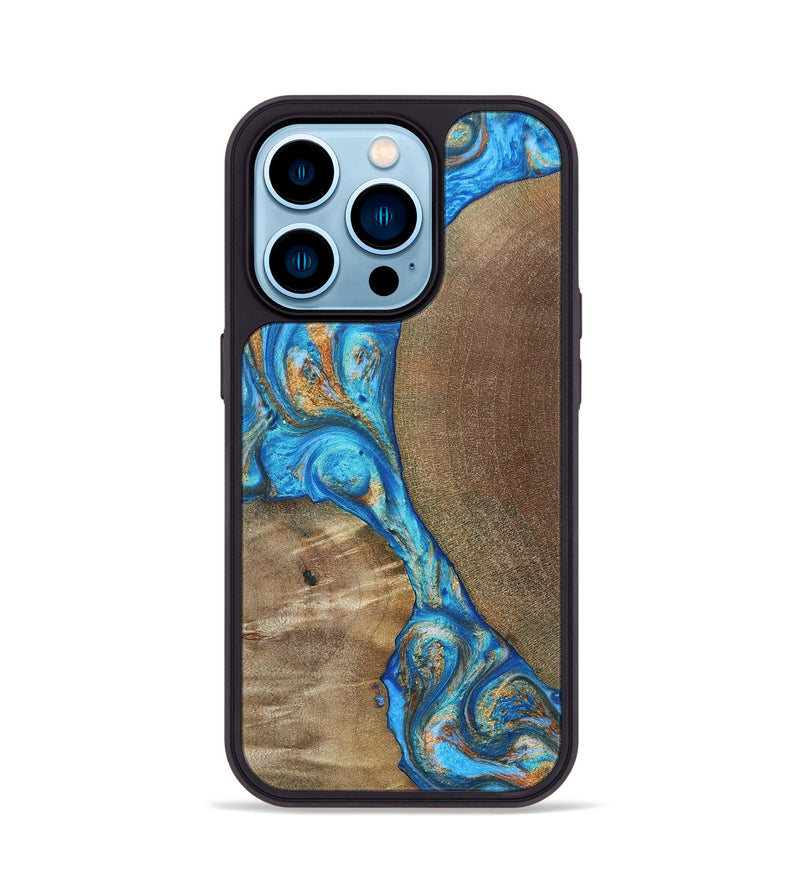 iPhone 14 Pro Wood+Resin Phone Case - Benny (Teal & Gold, 695198)