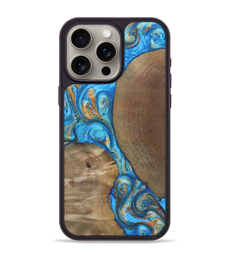 iPhone 15 Pro Max Wood+Resin Phone Case - Benny (Teal & Gold, 695198)