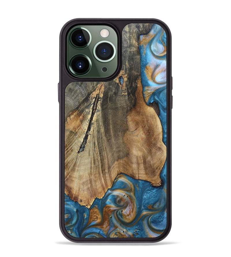 iPhone 13 Pro Max Wood+Resin Phone Case - Karl (Teal & Gold, 695205)