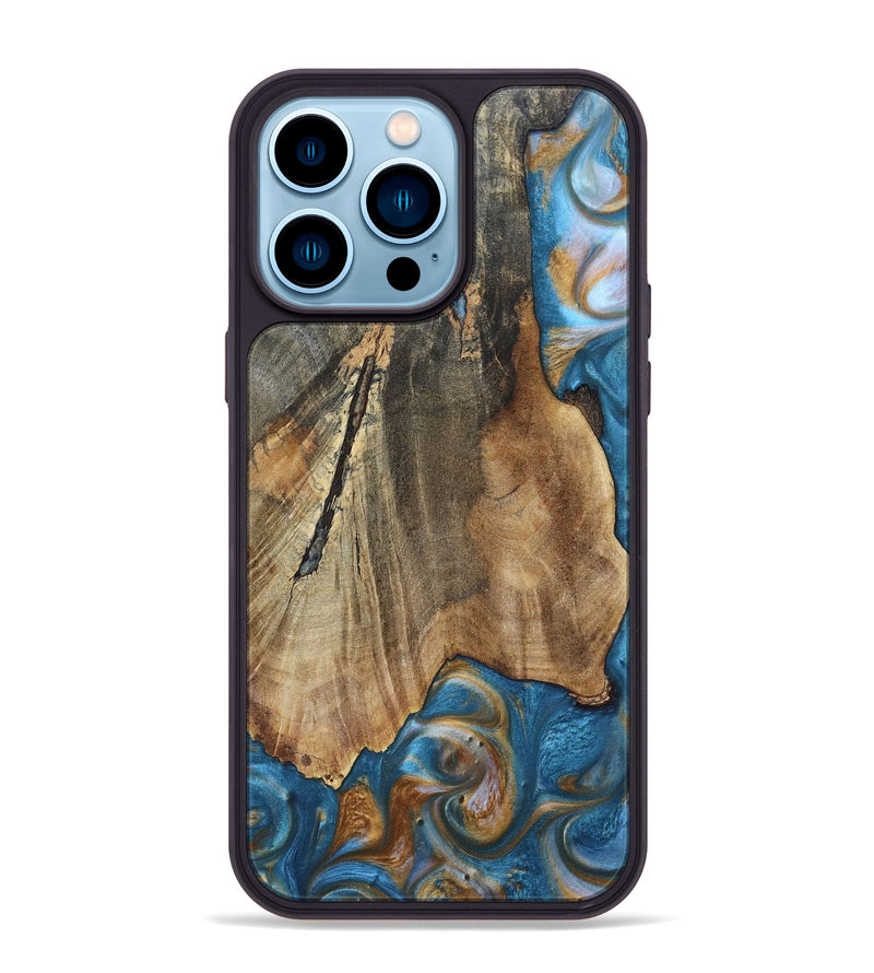 iPhone 14 Pro Max Wood+Resin Phone Case - Karl (Teal & Gold, 695205)