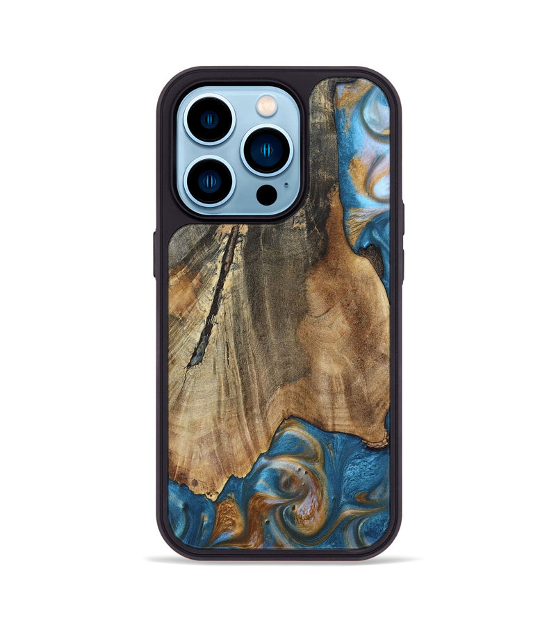 iPhone 14 Pro Wood+Resin Phone Case - Karl (Teal & Gold, 695205)