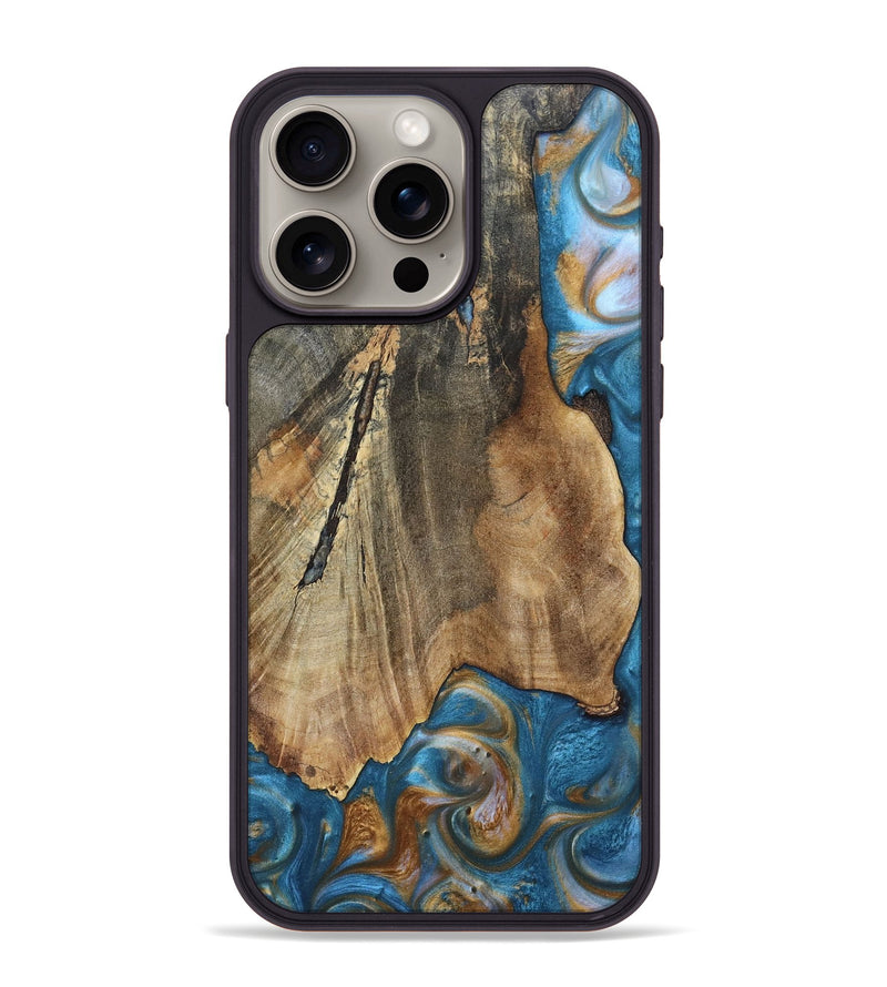 iPhone 15 Pro Max Wood+Resin Phone Case - Karl (Teal & Gold, 695205)
