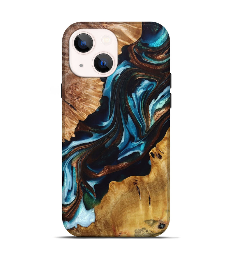 iPhone 14 Wood+Resin Live Edge Phone Case - Audrey (Teal & Gold, 695293)