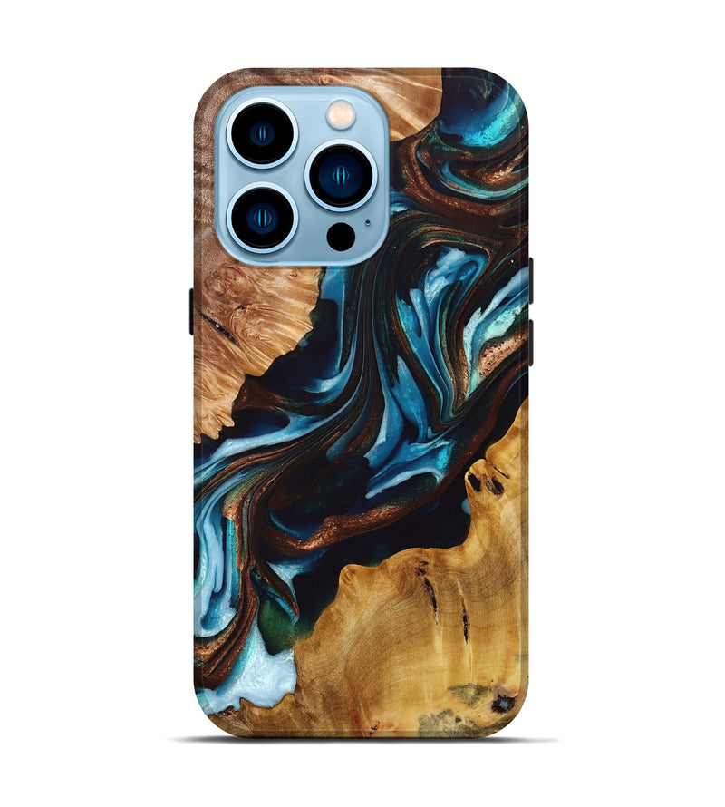 iPhone 14 Pro Wood+Resin Live Edge Phone Case - Audrey (Teal & Gold, 695293)