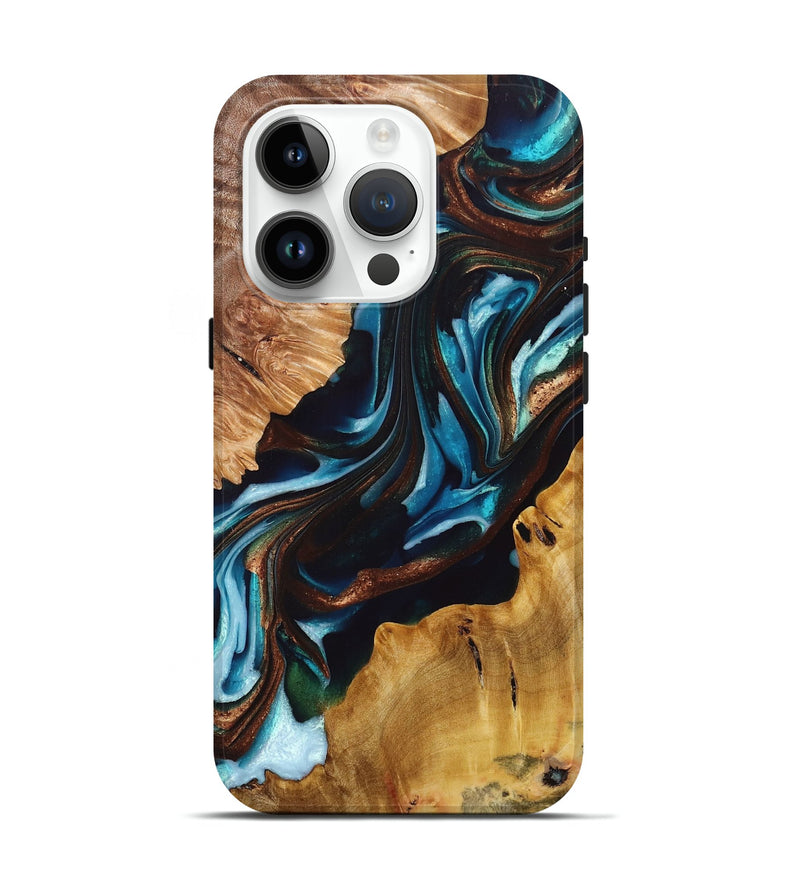 iPhone 15 Pro Wood+Resin Live Edge Phone Case - Audrey (Teal & Gold, 695293)