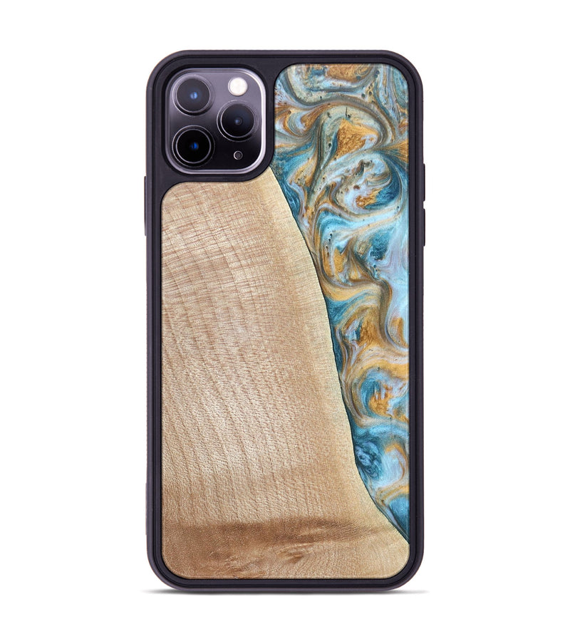 iPhone 11 Pro Max Wood+Resin Phone Case - Tanya (Teal & Gold, 695634)