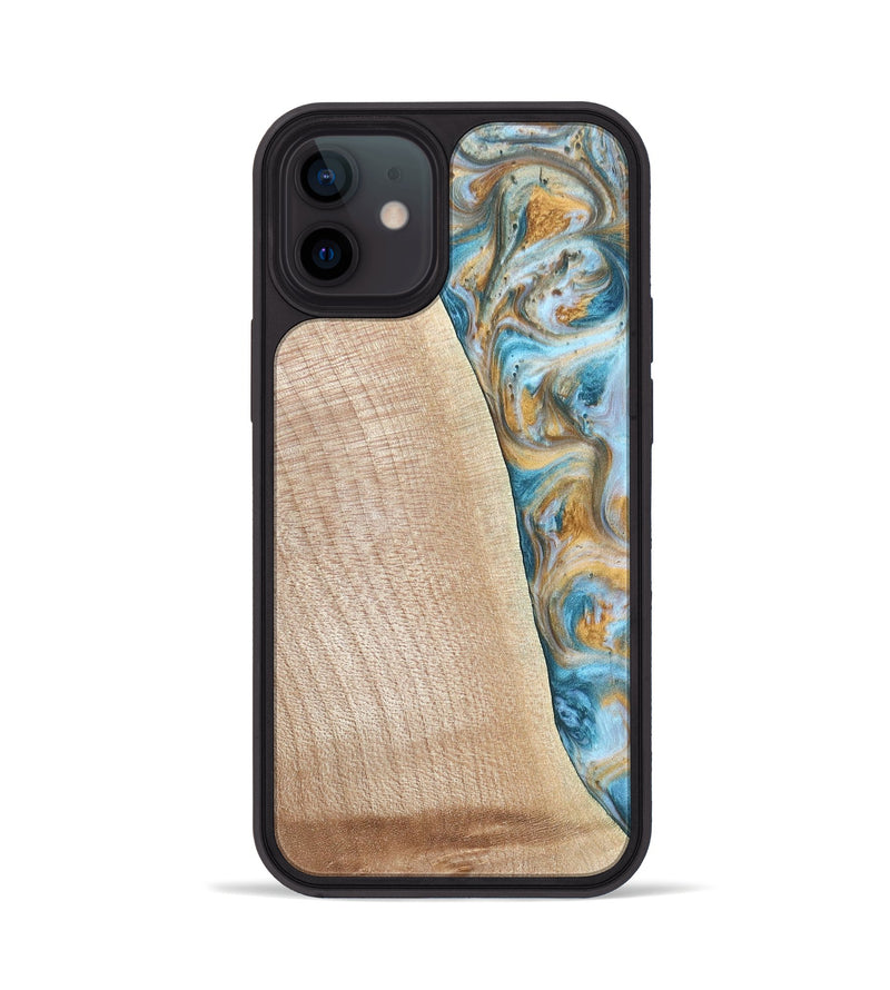 iPhone 12 Wood+Resin Phone Case - Tanya (Teal & Gold, 695634)