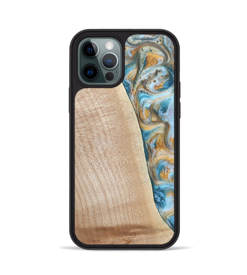 iPhone 12 Pro Wood+Resin Phone Case - Tanya (Teal & Gold, 695634)