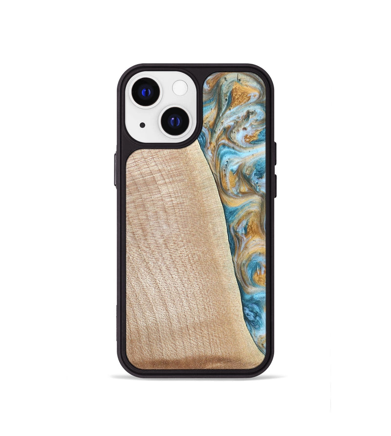 iPhone 13 mini Wood+Resin Phone Case - Tanya (Teal & Gold, 695634)