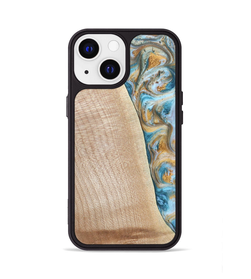 iPhone 13 Wood+Resin Phone Case - Tanya (Teal & Gold, 695634)