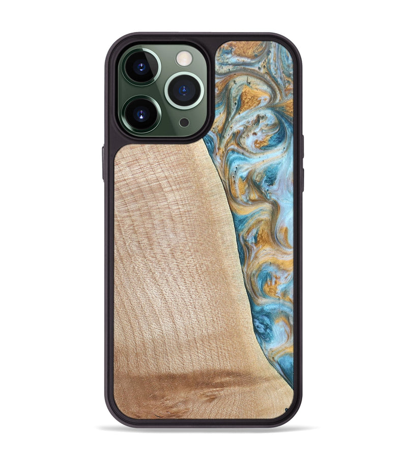 iPhone 13 Pro Max Wood+Resin Phone Case - Tanya (Teal & Gold, 695634)