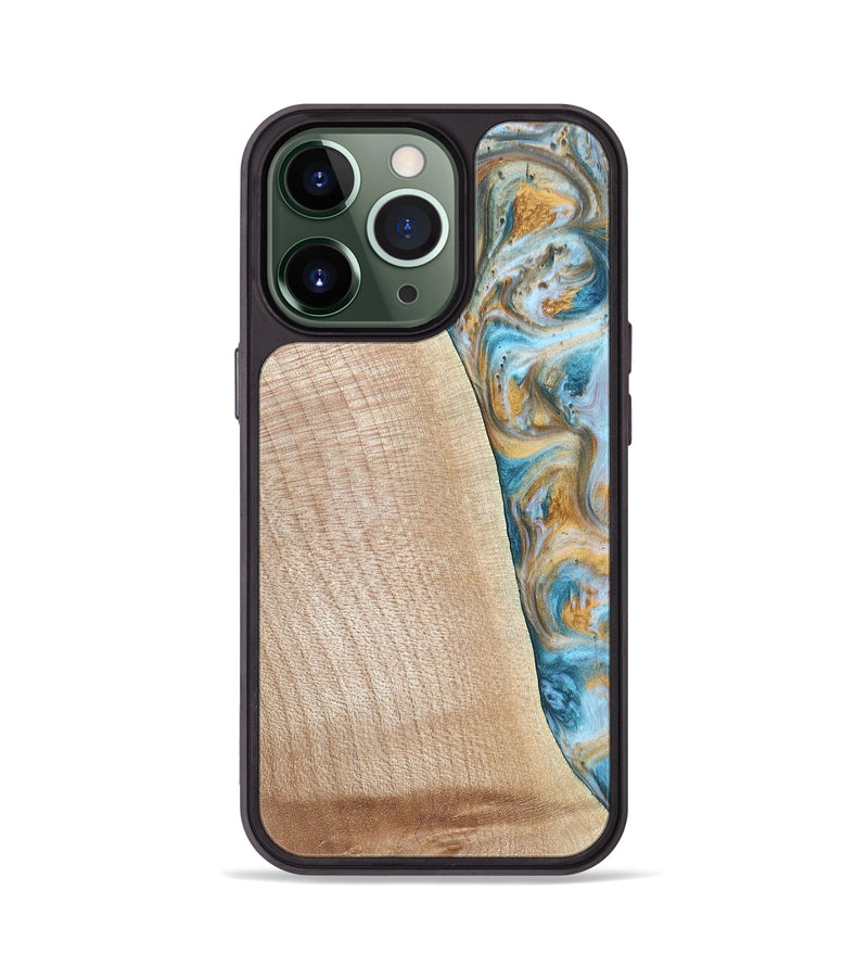 iPhone 13 Pro Wood+Resin Phone Case - Tanya (Teal & Gold, 695634)
