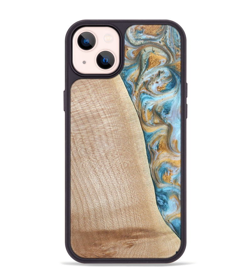 iPhone 14 Plus Wood+Resin Phone Case - Tanya (Teal & Gold, 695634)