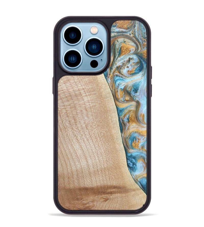 iPhone 14 Pro Max Wood+Resin Phone Case - Tanya (Teal & Gold, 695634)
