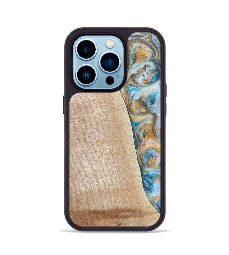 iPhone 14 Pro Wood+Resin Phone Case - Tanya (Teal & Gold, 695634)