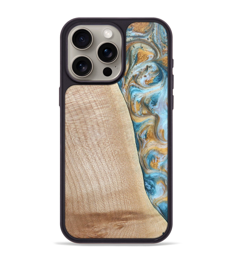 iPhone 15 Pro Max Wood+Resin Phone Case - Tanya (Teal & Gold, 695634)