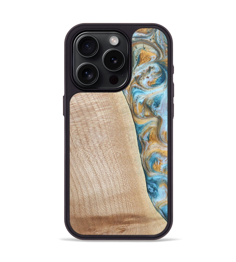 iPhone 15 Pro Wood+Resin Phone Case - Tanya (Teal & Gold, 695634)