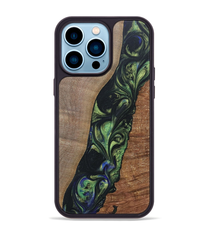 iPhone 14 Pro Max Wood+Resin Phone Case - Zachary (Green, 695684)